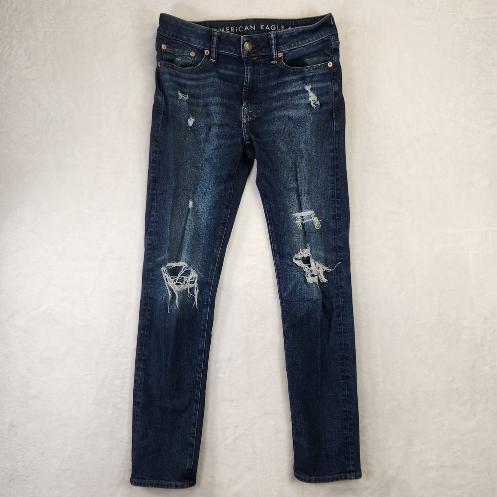 American Eagle Outfitters Men Dark Wash Distressed Slim Fit Jeans‎ Size 29x32